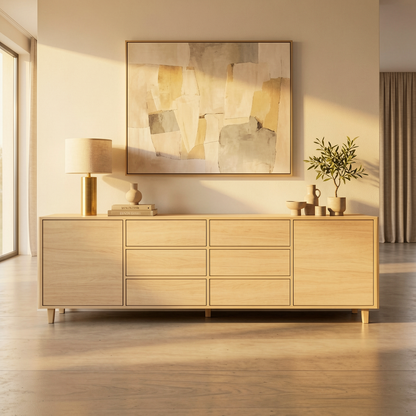 Maßgefertigtes Sideboard 240cm aus massiver Premium-Eiche Invisible geölt in modernem Wohnbereich