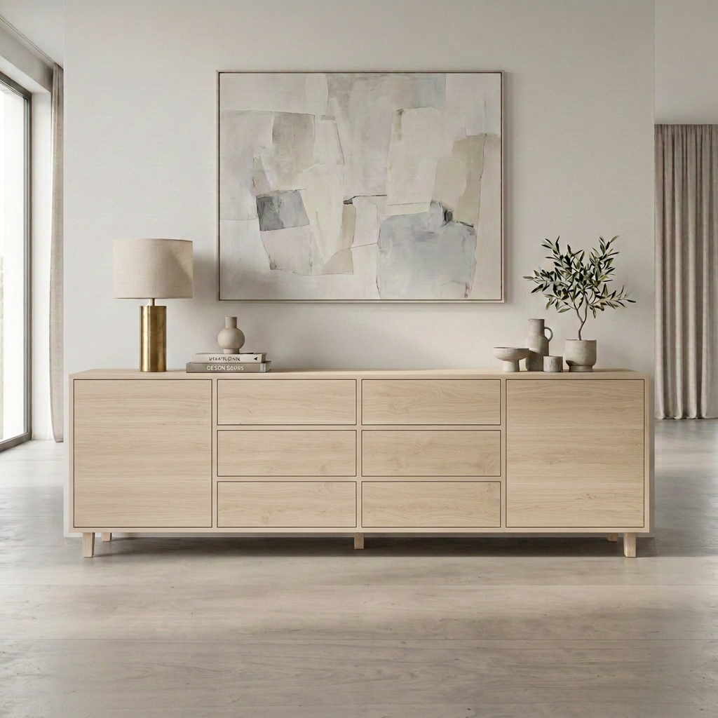 Maßgefertigtes Sideboard 240cm aus massiver Premium-Eiche Invisible geölt in modernem Wohnbereich