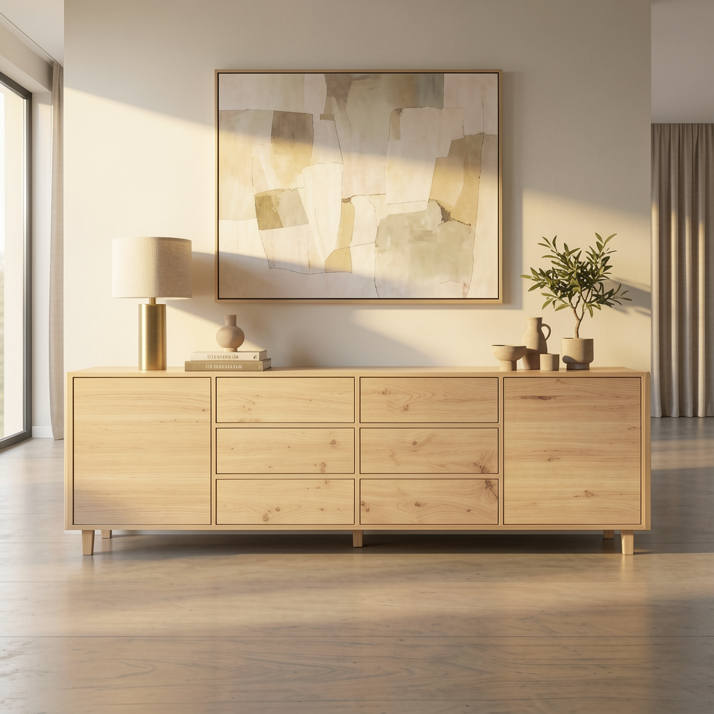 Maßgefertigtes Sideboard 240cm aus massiver Rustikal-Eiche Invisible geölt in modernem Büro
