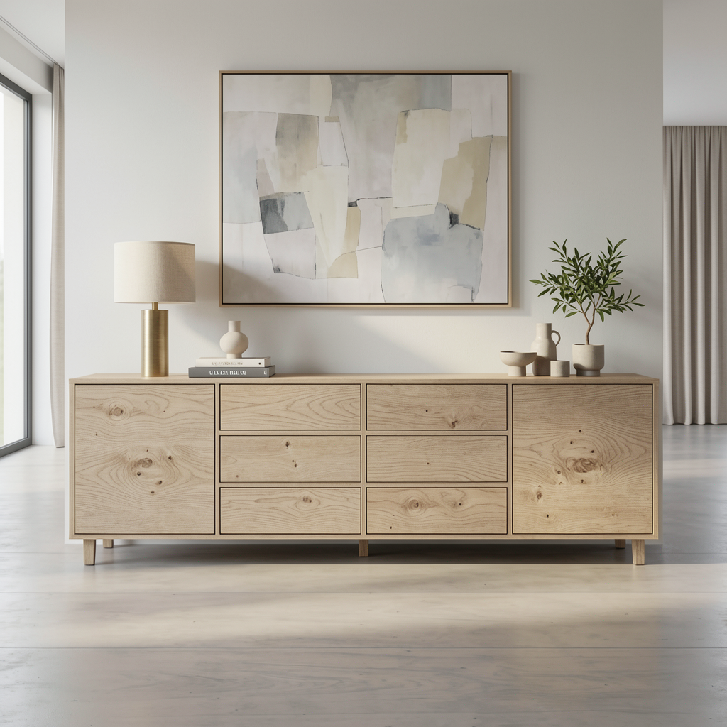 Maßgefertigtes Sideboard 240cm aus massiver Rustikal-Eiche Invisible geölt in modernem Wohnbereich