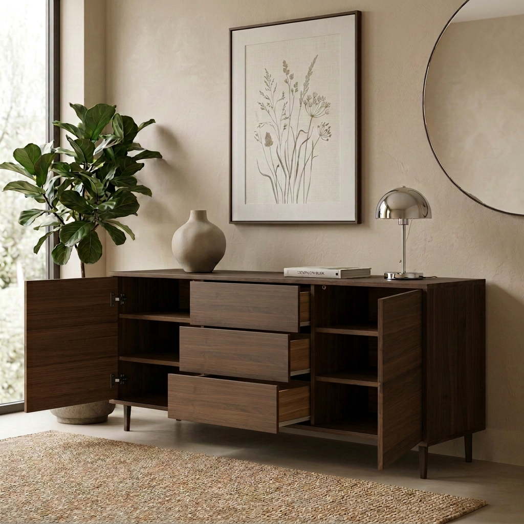 Geöffnetes Sideboard schmale Fuge 180 cm aus Eiche Premium braun geölt mit sichtbarem Stauraum und hochwertiger Innenaufteilung