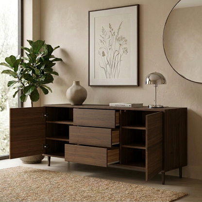 Geöffnetes Sideboard schmale Fuge 180 cm aus Eiche Premium braun geölt mit sichtbarem Stauraum und hochwertiger Innenaufteilung