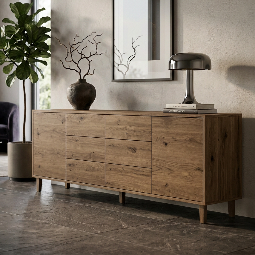 Sideboard aus massiver Rustikal-Eiche dunkelbraun 240 cm Hauptansicht
