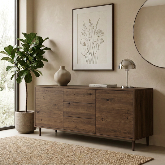 Massives Eiche Sideboard "Schmale Fuge" von Wildwuchs-Möbel in dunkler, rustikaler Optik, 180 cm breit, braun geölt.