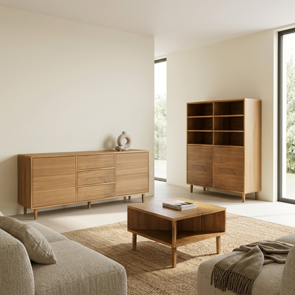 Couchtisch aus massiv Eiche mit Naturöl-Finish und Holzfüßen, hochwertiges Möbelstück für das Wohnzimmer.